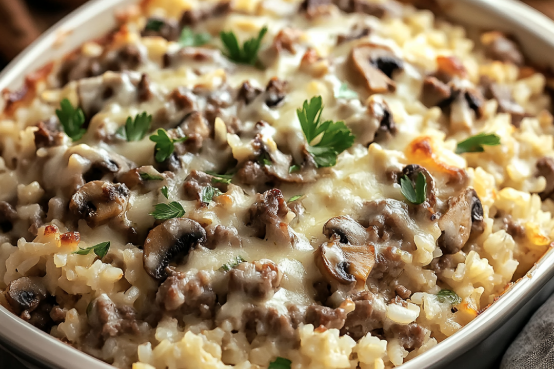 Creamy Beef & Mushroom Rice Bake