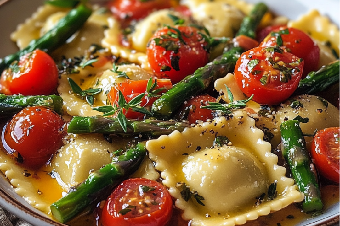 Ravioli with Tomatoes, Asparagus, Garlic, and Herbs