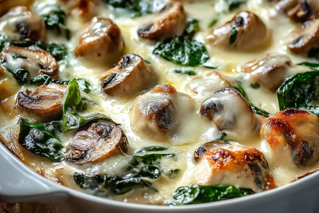 Creamy Chicken Casserole with Spinach, Mushrooms, and Melted Mozzarella