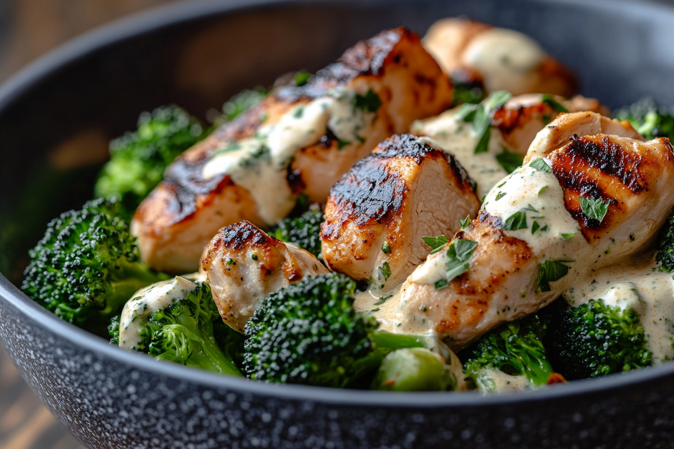 Grilled Chicken & Broccoli Bowls with Creamy Garlic Sauce