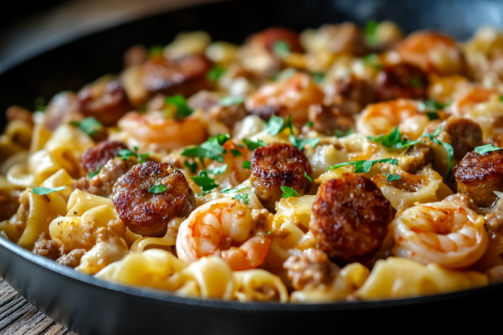 Garlic Butter Shrimp and Sausage Skillet Pasta