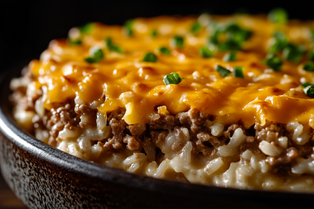 Cheddar-Crusted Ground Beef & Rice Casserole