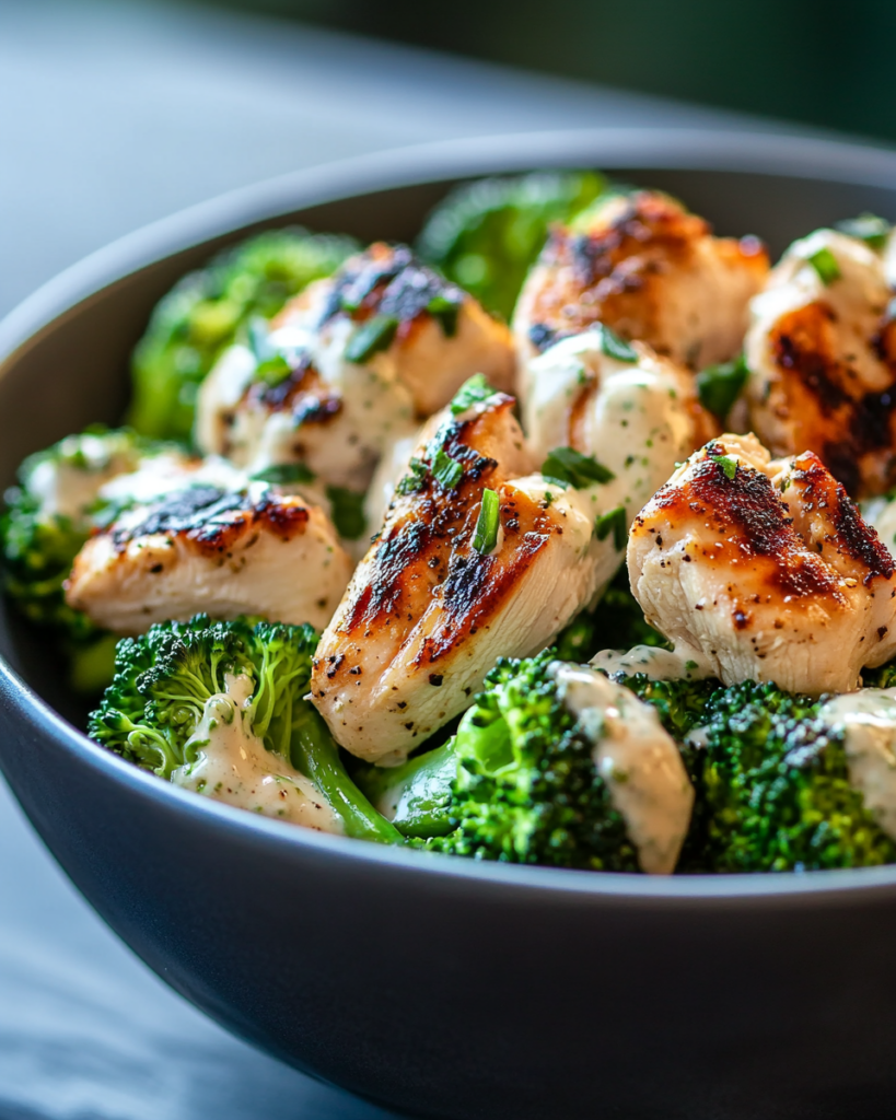 Grilled Chicken & Broccoli Bowls with Creamy Garlic Sauce