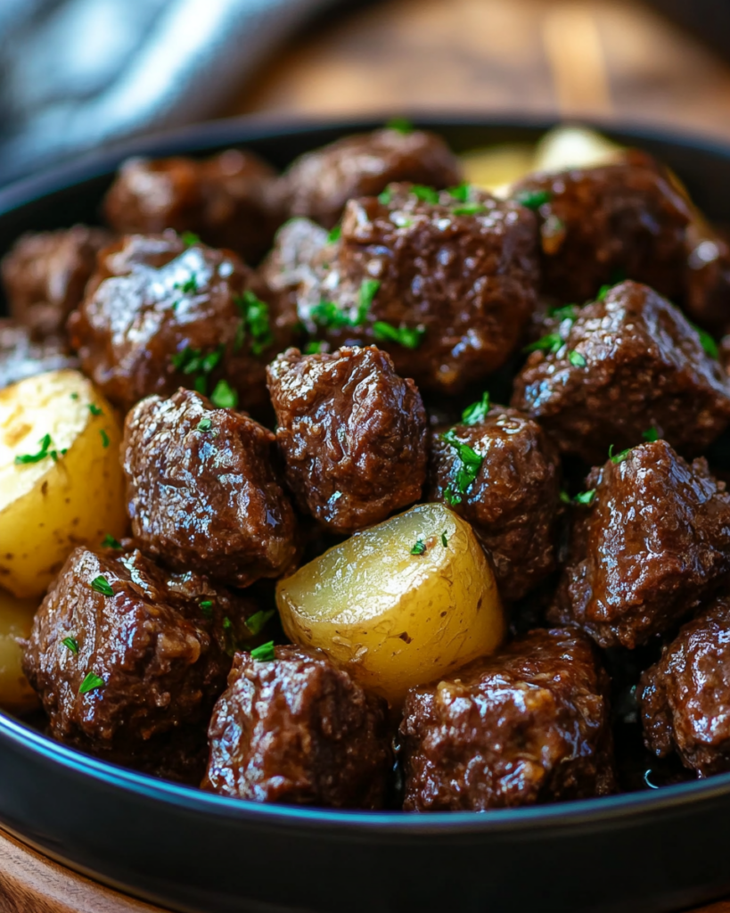 Slow Cooker Garlic Butter Beef Bites & Potatoes