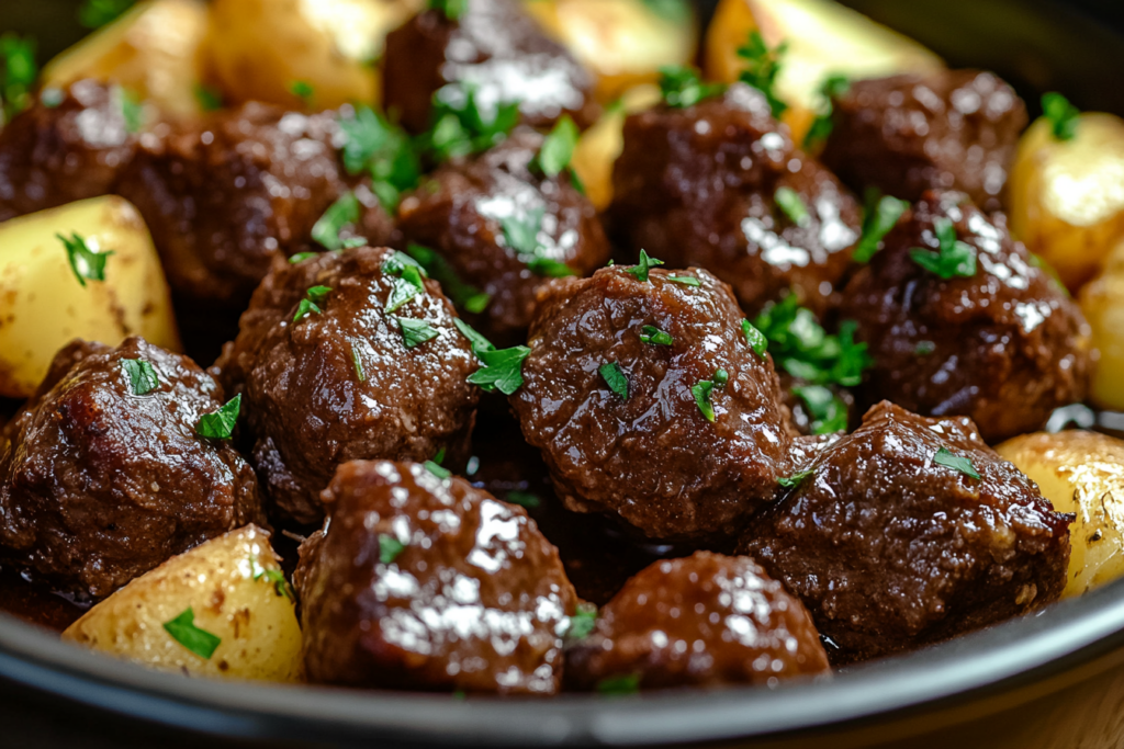 Slow Cooker Garlic Butter Beef Bites & Potatoes